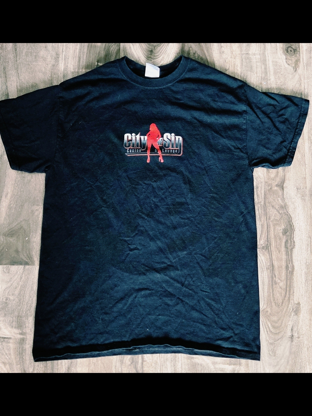City Of Sin Gildan Black Short Sleeve Tee with Red Center Silhouette Graphic
